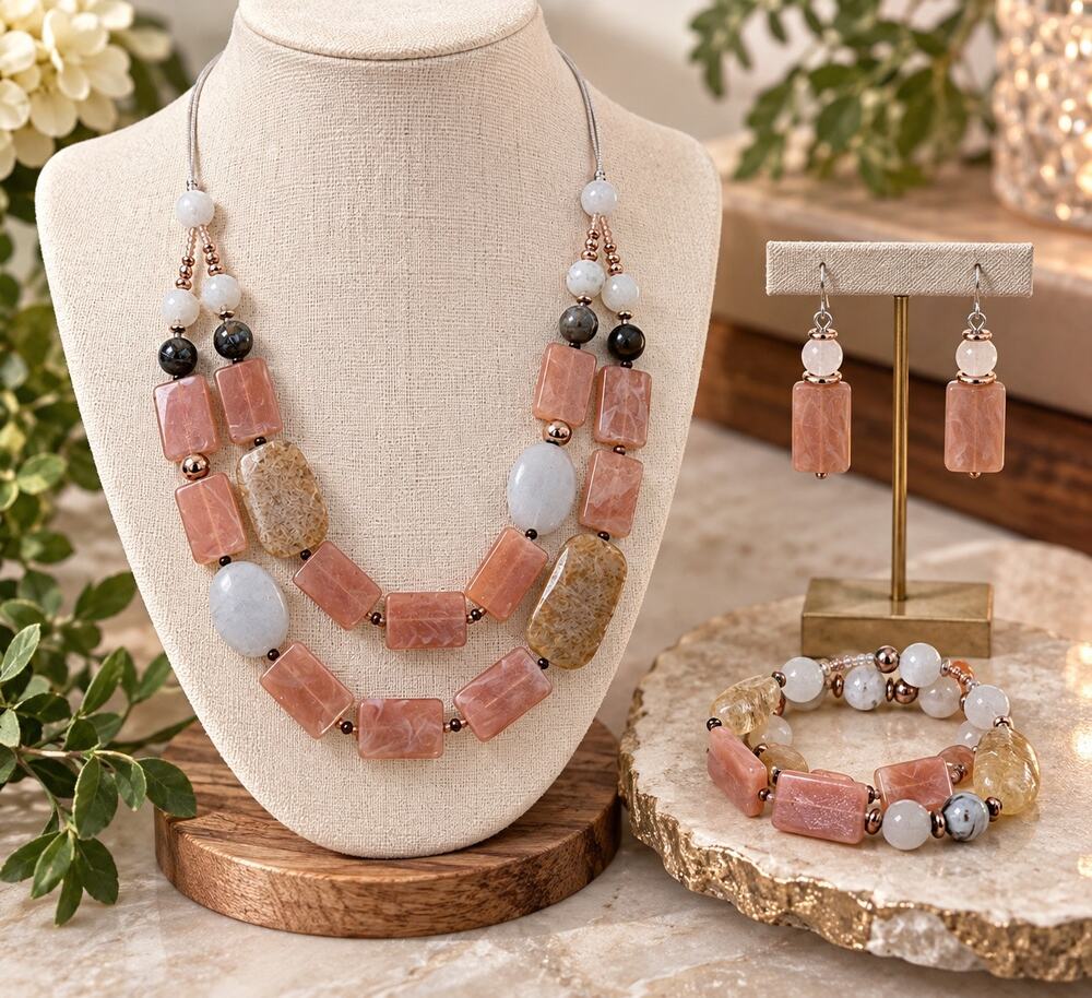 J Jill Rose Quartz Stone Necklace Bracelet Earrings Set Slide Adjustable